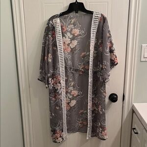 Floral Kimono with Lace Trim